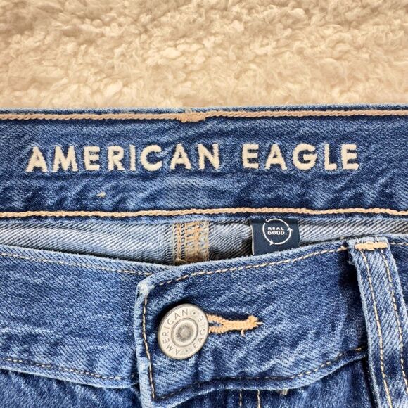 American Eagle Baggy Flare Jeans Women Size 10 Skater Boho Y2K Raw Hem Dark Wash - Picture 4 of 10